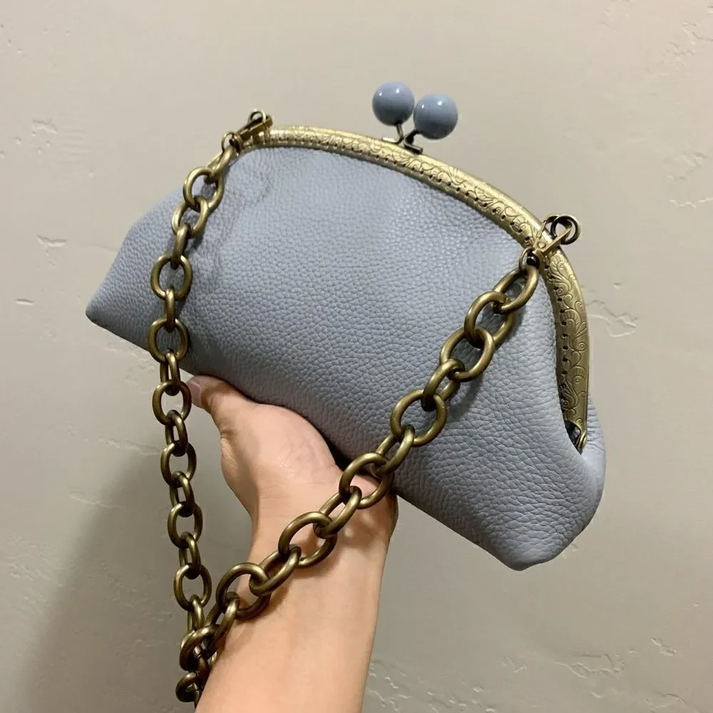 Vintage Handsewn Genuine Premium Pebble Leather Clutch/Shoulder Bag/Crossbody